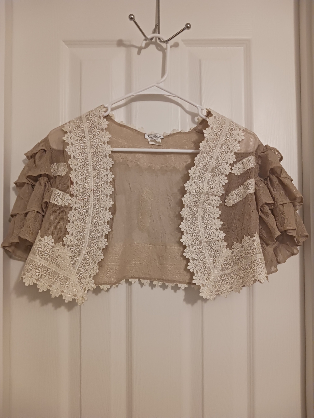 Foley + Corinna Taupe Gauze White Lace Accent Shrug Ruffle Sleeves Womans Small